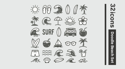 Hand-drawn doodle beach and surf icon vector set featuring tropical elements, including palm trees, waves, surfboards, and the sun. Perfect for summer designs, t-shirts, posters, and coastal branding