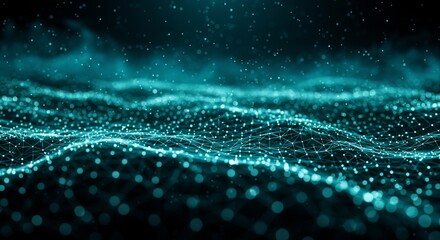 Abstract Digital Network: Glowing Teal Dots and Lines on Black Background