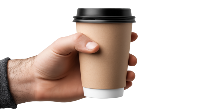 Disposable coffee cup in male hand isolated on white and transparent background, cut out png