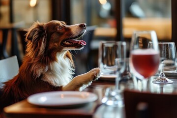 Funny dog enjoying dinner and dancing at a table in a cozy restaurant, Funny Dog Drinking And Dancing At Dinner Table