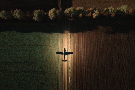 Aerial view of a small plane flying over contrasting fields at night