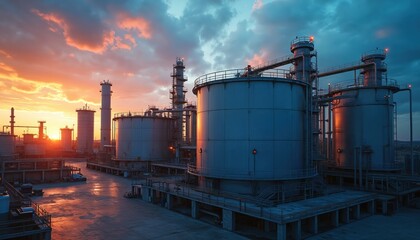 Industrial storage tanks gleam under vibrant sunset sky, modern technology, energy infrastructure. Complex facility represents vast production capacity, manufacturing, logistical operations.
