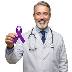 Smiling doctor wearing white coat and stethoscope holding a purple awareness ribbon symbolizing support and hope isolated on transparent background