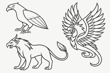 Fototapeta premium Mythical creatures griffin lion eagle line art isolated on white background