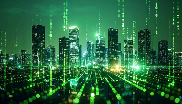Futuristic city skyline with digital green overlay