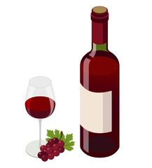 Red Wine Bottle with blank label and Glass with Grapes,   mock up for product showcase