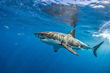 Fototapeta premium Great White Shark in Deep Blue Ocean – Powerful Marine Predator in Natural Habitat.