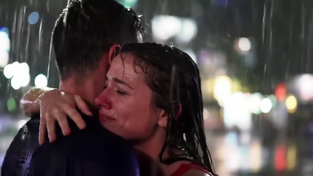 warm and emotional reunion hug between a couple in the rain, slow motion droplets, city lights blurred in the background, emotional music, high-quality lens focus.