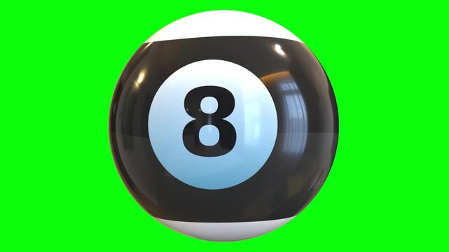Realistic 3D rendering of a classic black billiard 8-ball with glossy reflections, centered on a vibrant green chroma key background. Perfect for compositing in games, animations, or visual effects.