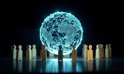 People gathered around a glowing digital Earth, symbolizing global connection and networked information.