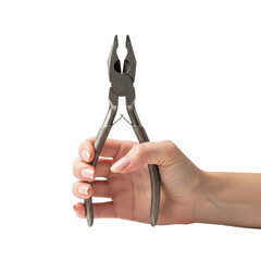 A hand holding pliers isolated on a transparent background