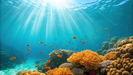 Naklejka premium Sunbeams illuminate vibrant coral reef teeming with small colorful fish underwater
