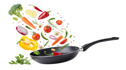 vegetable fall into a black frying pan PNG Image