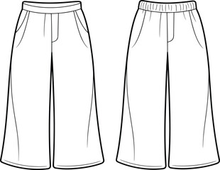 Wide leg pants fashion flat sketch front view, stylish palazzo trousers with pockets, elastic waistband and clean vector outline