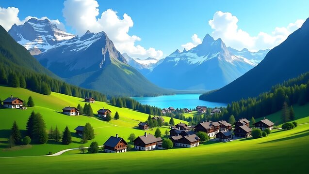 Idyllic swiss alpine village nestled beside a turquoise lake with snow capped mountains