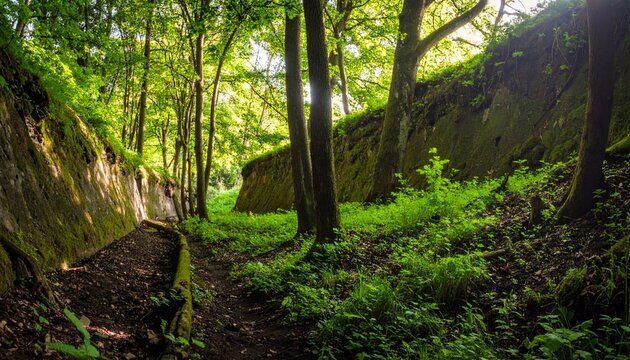 Peaceful path winding through a deep green loess ravine in a sunlit summer forest, a serene natural landscape.
