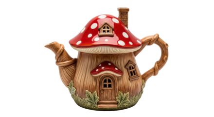 A whimsical mushroom house teapot with red spotted roof isolated on transparent background