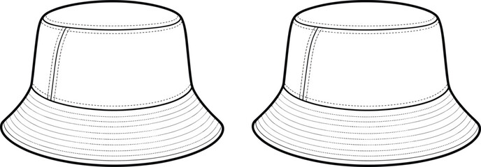 Bucket hat front and angled view fashion flat sketch, detailed brim stitching, cad vector drawing for streetwear accessory design © Khadija Creatives