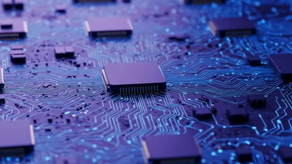 Circuit board with glowing blue traces and microchips - Powered by Adobe