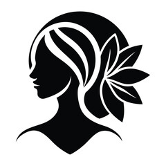 Black silhouette profile of a woman with flowing hair and floral adornment female head