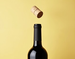 Minimalist photo shows open top of unbranded wine bottle, cork flying out. Simple, clean design with light yellow background. Ideal for beverage, celebration, party themes.