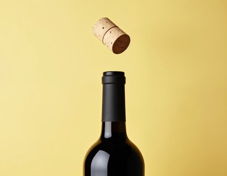 Minimalist photo shows open top of unbranded wine bottle, cork flying out. Simple, clean design with light yellow background. Ideal for beverage, celebration, party themes.