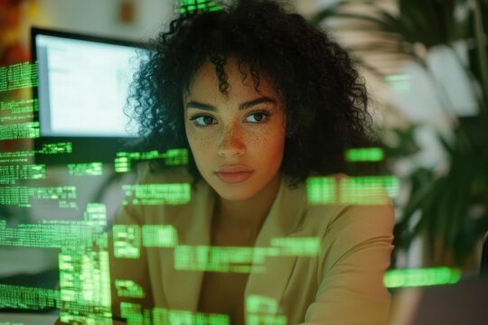 Digital data processing by biracial businesswoman in a modern office environment, digital data processing over biracial businesswoman in office