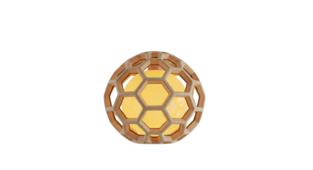 A geometric honeycomb sphere with a yellow glow isolated on transparent background