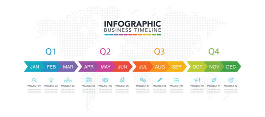 Infographic template for business months timeline with world map background