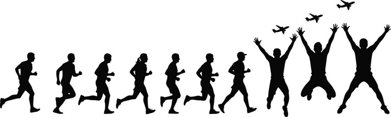 Silhouette of people running and jumping, athletic men in motion, celebration success pose, flying airplanes above, isolated white background