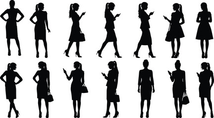 Silhouettes of business women using smartphones, standing and walking poses, professional female figures, modern lifestyle, fashion, communication, office concept