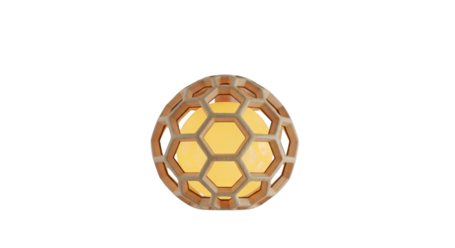 A geometric honeycomb sphere with a yellow glow isolated on transparent background