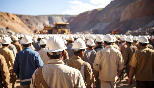 Workforce of miners gathered at a large open-pit mine with heavy machinery in the background. - Powered by Adobe