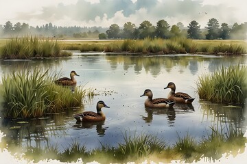 A group of ducklings gliding across a verdant marshy habitat in watercolor style