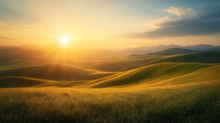 Fototapeta premium Golden hour's serene embrace on rolling hills landscape photography