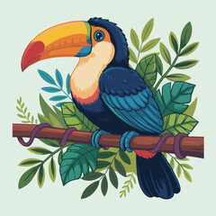 Illustration of a toucan perched on a branch surrounded by lush green foliage and tropical leaves