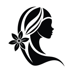 Black silhouette profile of a woman with long flowing hair and a flower black and white
