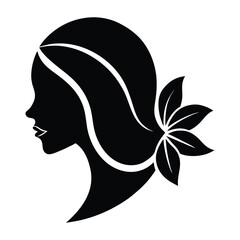 Black silhouette profile of a woman with flowing hair and leaves female head