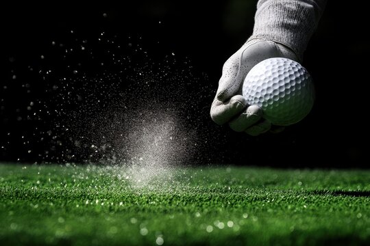 Golf player hitting a ball on a sunlit driving range with focus on technique and precision, Golf player hitting a golf ball - Powered by Adobe