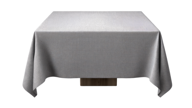 Blank, light gray table cloth on a square wooden base