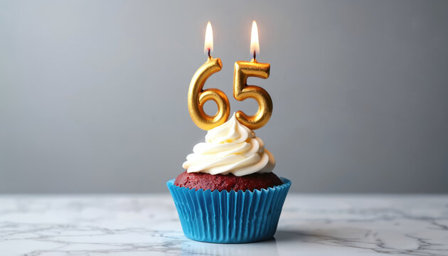 Golden number 65 candle adorns festive cupcake with creamy white frosting. Red velvet cake sits in blue liner. Perfect for celebrating 65th birthday, anniversary milestone, special occasion treat.