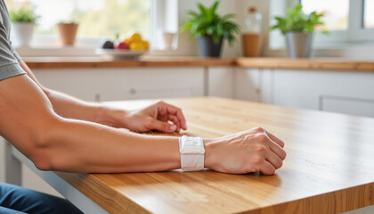 Fototapeta premium Young man resting wrist with ice pack on table in kitchen, recovery