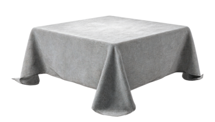 Gray tablecloth draped over a square table