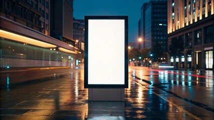 Blank digital billboard on a wet city street at night with reflections