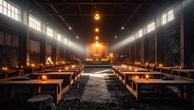 Solemn ancient monastery hall illuminated by warm candlelight and divine sunbeams, a sanctuary for contemplation. - Powered by Adobe