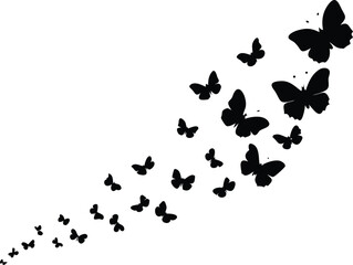Black Butterfly Silhouette Swarm on White Background, Flying in a Diagonal Path