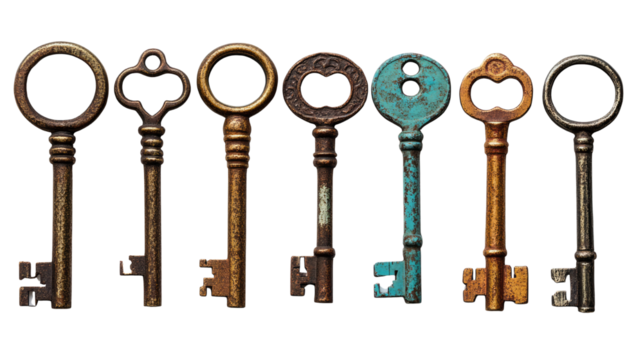 Collection of isolated, rusty, antique metal skeleton keys for vintage door security on PNG white background.