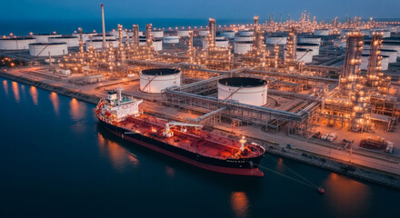 A massive oil tanker is berthed at a sprawling, illuminated coastal refinery and terminal complex under a dusky sky.