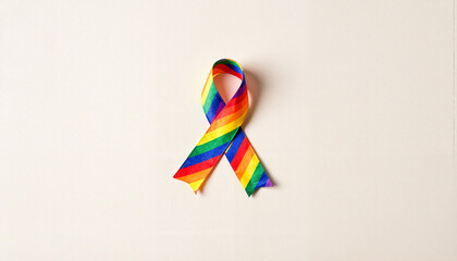 Vibrant protest ribbon pinned against plain backdrop, symbol of pride