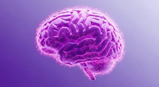 Illustration of a glowing purple brain is displayed